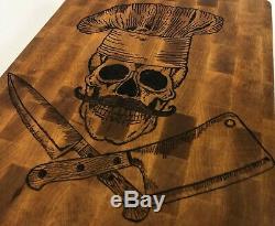 14 Hand Burned Hardwood Walnut Mustache Chef Skull Butchers Block Cutting Board