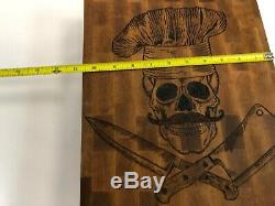 14 Hand Burned Hardwood Walnut Mustache Chef Skull Butchers Block Cutting Board