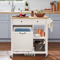 34 in. W Bainport Ivory Butcher Block Top Wooden Rolling Utility Kitchen Cart