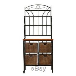 65.25 in. Bakers Rack Butcher-Block Style with 4 Wicker Basket Drawers, Black