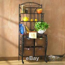 65.25 in. Bakers Rack Butcher-Block Style with 4 Wicker Basket Drawers, Black