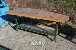 7ft long Vintage Industrial Wood Butcher Block Work Table 40 1/4 x 32 1/2 tall