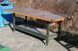 7ft long Vintage Industrial Wood Butcher Block Work Table 40 1/4 x 32 1/2 tall