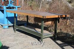 7ft long Vintage Industrial Wood Butcher Block Work Table 40 1/4 x 32 1/2 tall