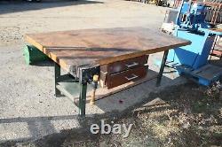 7ft long Vintage Industrial Wood Butcher Block Work Table 40 1/4 x 32 1/2 tall