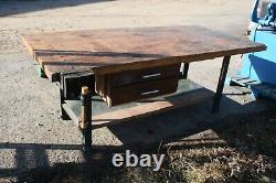 7ft long Vintage Industrial Wood Butcher Block Work Table 40 1/4 x 32 1/2 tall