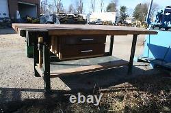 7ft long Vintage Industrial Wood Butcher Block Work Table 40 1/4 x 32 1/2 tall