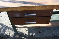 7ft long Vintage Industrial Wood Butcher Block Work Table 40 1/4 x 32 1/2 tall