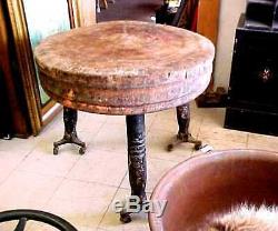 ANTIQUE Primitive Round Wooden Butcher Block with Turned Legs 19th Century