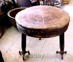 ANTIQUE Primitive Round Wooden Butcher Block with Turned Legs 19th Century