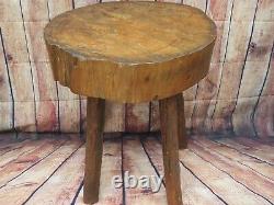 Antique 19th C. Round French Country Primitive Butcher Block Table Farmhouse