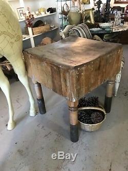 Antique 19th Century Maple Butcher Block Table on Elevated Brass Legs JIS