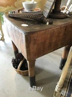 Antique 19th Century Maple Butcher Block Table on Elevated Brass Legs JIS