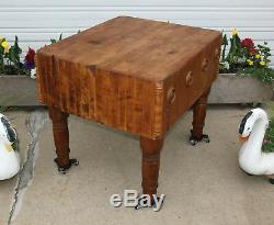 Antique 36 x 30 Solid Beefy Maple Wood Butcher Block Table Kitchen Island