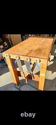 Antique Butcher Block Table Refurbished Incl 3 Meat Cleavers, Wheels MAKE OFFER