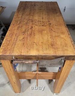 Antique Butcher Block Table Refurbished Incl 3 Meat Cleavers, Wheels MAKE OFFER