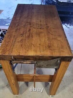 Antique Butcher Block Table Refurbished Incl 3 Meat Cleavers, Wheels MAKE OFFER