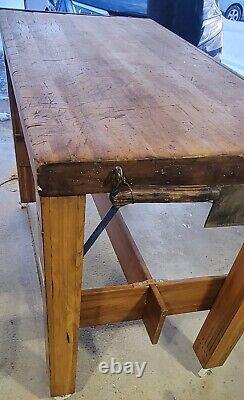 Antique Butcher Block Table Refurbished Incl 3 Meat Cleavers, Wheels MAKE OFFER