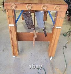 Antique Butcher Block Table Refurbished Incl 3 Meat Cleavers, Wheels MAKE OFFER