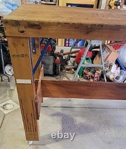 Antique Butcher Block Table Refurbished Incl 3 Meat Cleavers, Wheels MAKE OFFER