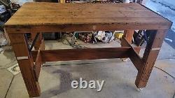 Antique Butcher Block Table Refurbished Incl 3 Meat Cleavers, Wheels MAKE OFFER