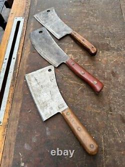 Antique Butcher Block Table with 3 Vintage Meat Cleavers
