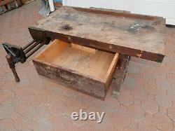 Antique Vintage Butcher Block Wood Work Bench Vise Shop Table early 1900s