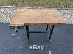 Antique Workbench, Butcher Block, Vise, Kitchen Island, Desk, table, Drafting