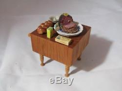 Artisan Signed Dollhouse Miniature Butcher Block Table With Cooked Ham, Knives