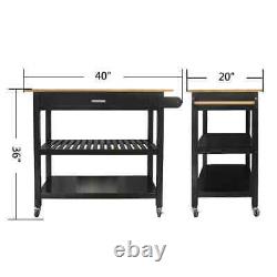 Black Open Shelf Kitchen Cart, Butcher Block Top, Drawer