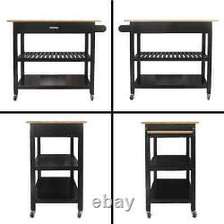 Black Open Shelf Kitchen Cart, Butcher Block Top, Drawer