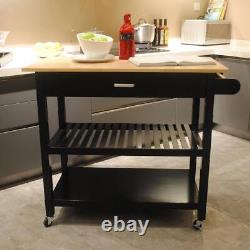 Black Open Shelf Kitchen Cart, Butcher Block Top, Drawer