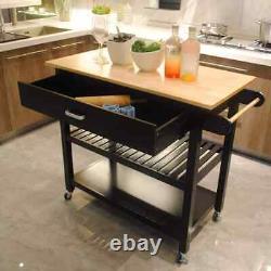 Black Open Shelf Kitchen Cart, Butcher Block Top, Drawer