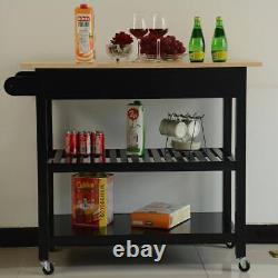 Black Open Shelf Kitchen Cart, Butcher Block Top, Drawer