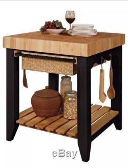 Butcher Block Island Small Kitchen Work Station Prep Table, Black With Utensils
