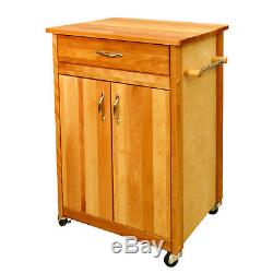 Butcher Block Top Cart With Flat Doors Drawer and Cabinet Storage