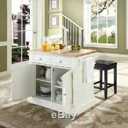 Crosley Oxford Butcher Block Kitchen Island with Stools in White
