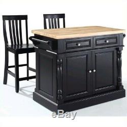 Crosley Oxford Butcher Block Top Kitchen Island with Stools in Black