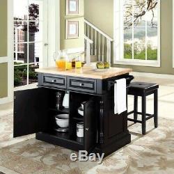 Crosley Oxford Butcher Block Top Kitchen Island with Stools in Black