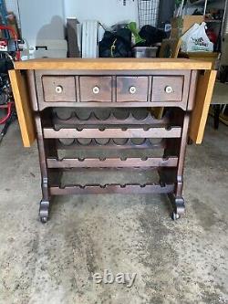 Ethan Allen Dark Antiqued Pine Old Tavern Butcher Block Rolling Wine Rack Cart