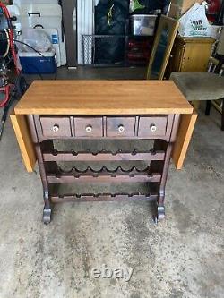 Ethan Allen Dark Antiqued Pine Old Tavern Butcher Block Rolling Wine Rack Cart