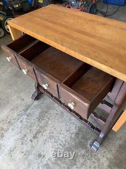 Ethan Allen Dark Antiqued Pine Old Tavern Butcher Block Rolling Wine Rack Cart