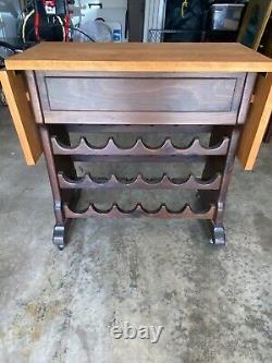 Ethan Allen Dark Antiqued Pine Old Tavern Butcher Block Rolling Wine Rack Cart