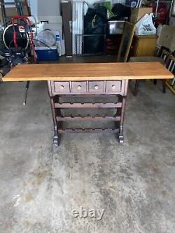 Ethan Allen Dark Antiqued Pine Old Tavern Butcher Block Rolling Wine Rack Cart