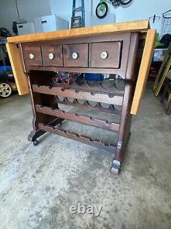 Ethan Allen Dark Antiqued Pine Old Tavern Butcher Block Rolling Wine Rack Cart