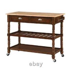 French Country Espresso/Butcher Block Kitchen Cart, 3-Tiers, Drawers