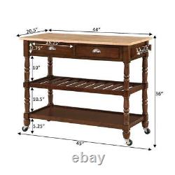 French Country Espresso/Butcher Block Kitchen Cart, 3-Tiers, Drawers