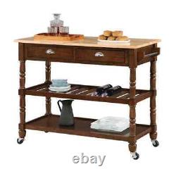 French Country Espresso/Butcher Block Kitchen Cart, 3-Tiers, Drawers