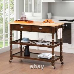 French Country Espresso/Butcher Block Kitchen Cart, 3-Tiers, Drawers