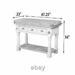 French Country Farmhouse Butcher Block Console Distressed Chalk White & Natural